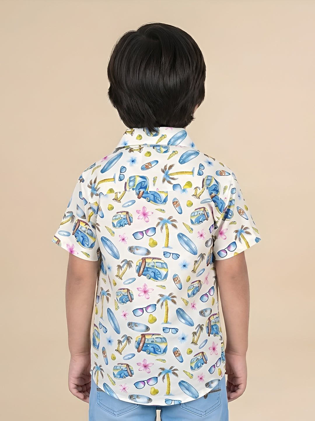 Polka Tots Half Sleeves Shirt Beach Print - Cream and Blue