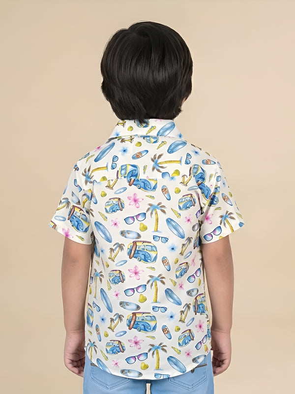 Polka Tots Half Sleeves Shirt Beach Print - Cream and Blue