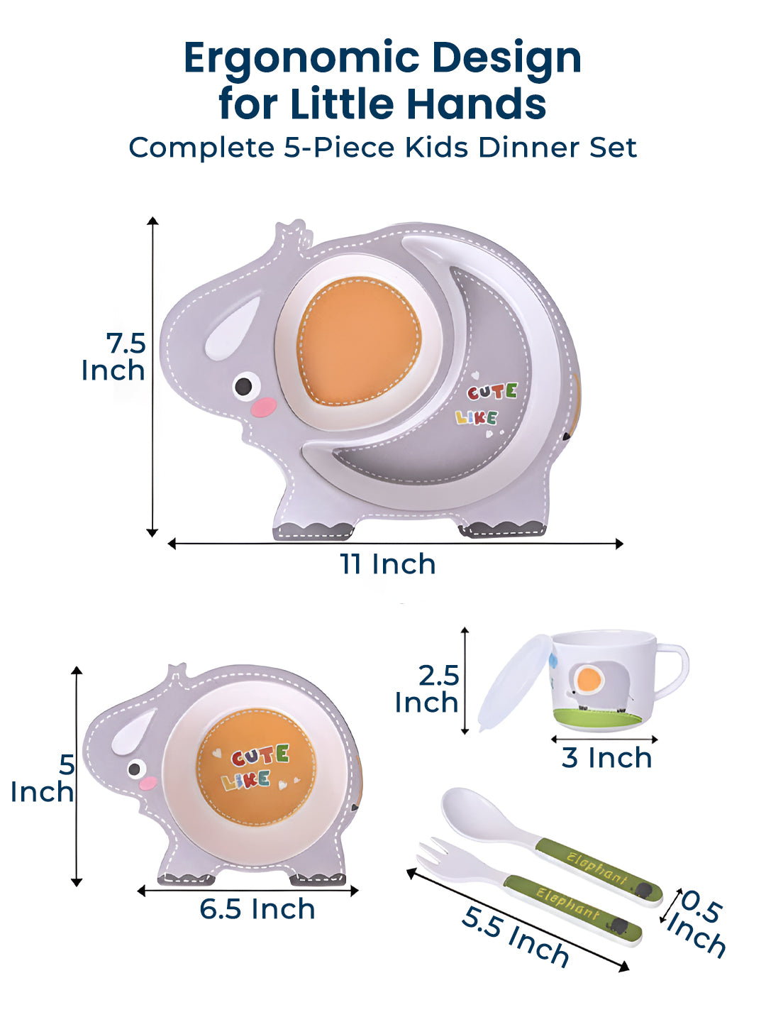 Eco-Friendly 5 Pieces Bamboo Fiber Kids Crockery Set (Cute Elephant)