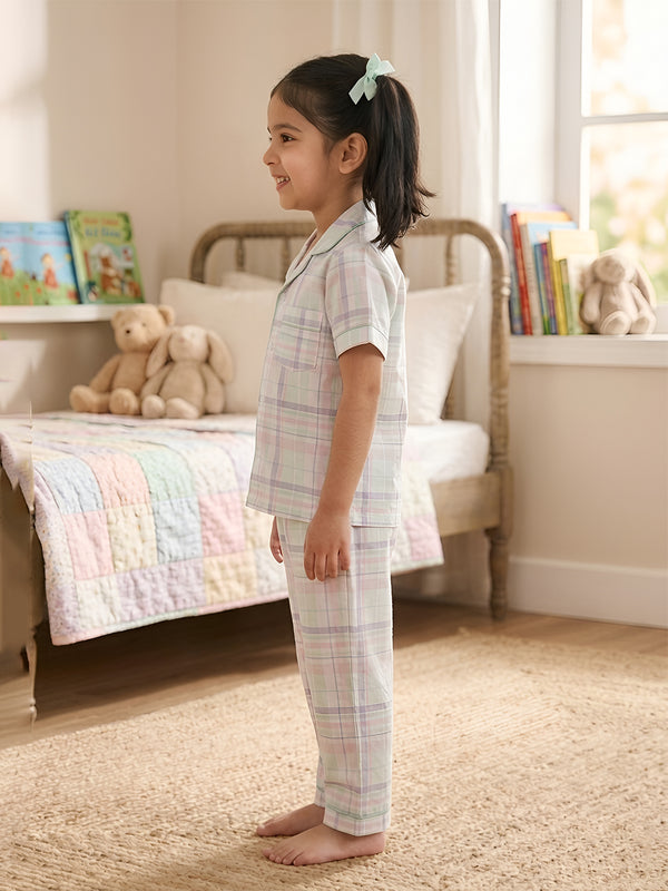 Polka Tots Half sleeves Checkered Night Suit - Green