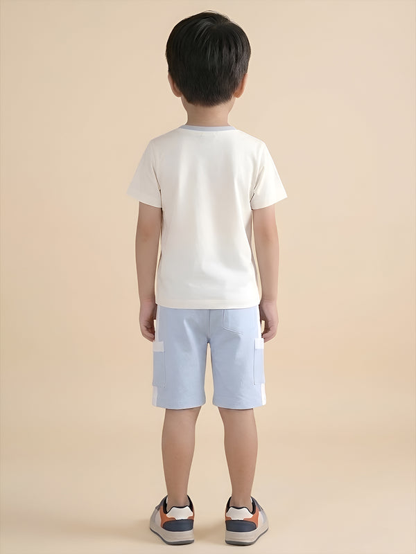 Polka Tots Half Sleeves Play, Laugh & Smile Print T-Shirt Shorts - White and Blue