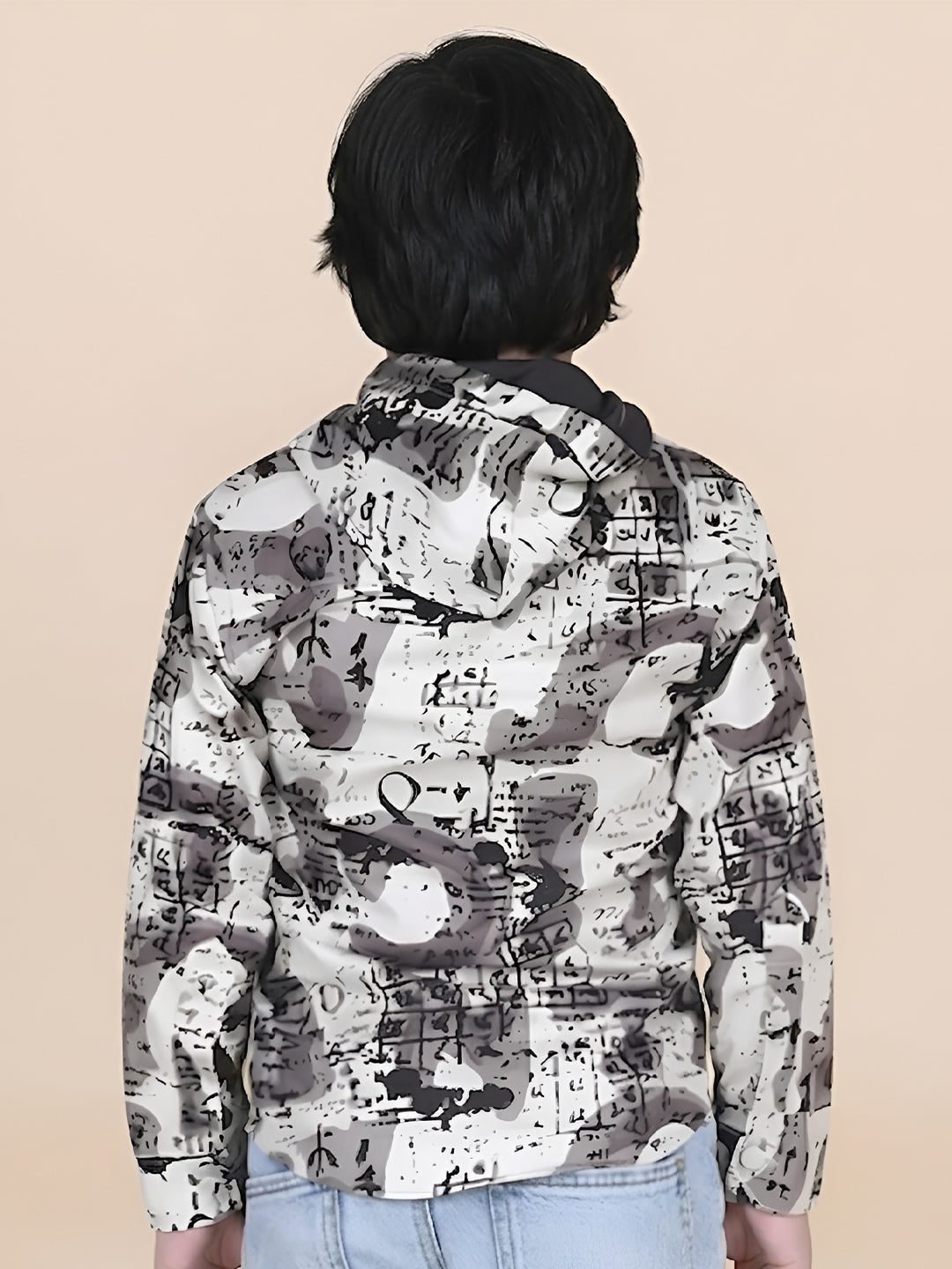 Polka Tots Full Sleeves Abstract Scribble Print Hooded Kids Shirt with Smiley Patch - Cream