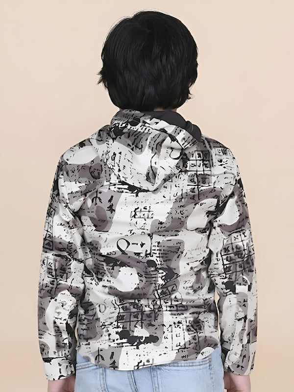 Polka Tots Full Sleeves Abstract Scribble Print Hooded Kids Shirt with Smiley Patch - Cream