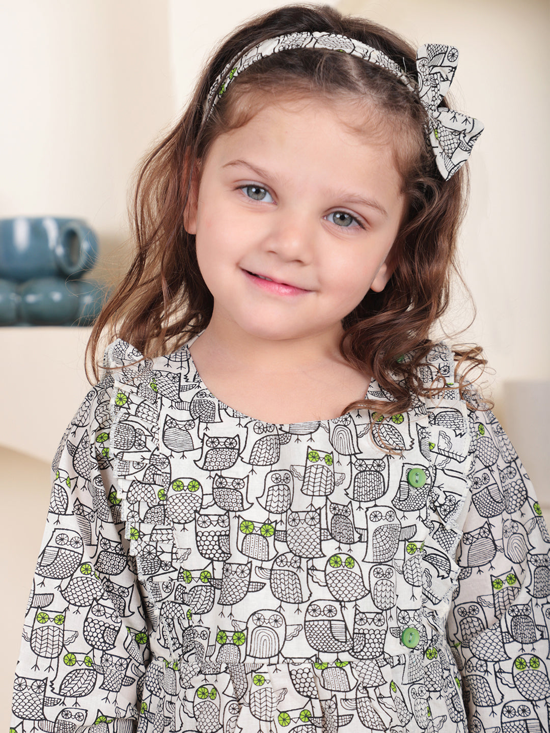 Polka Tots Full sleeve Owl print Frock with Headband - Black