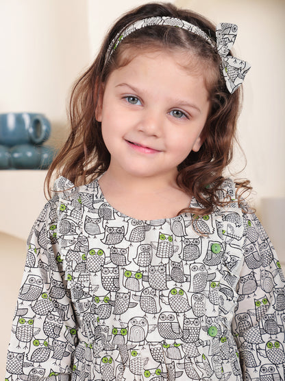 Polka Tots Full sleeve Owl print Frock with Headband - Black