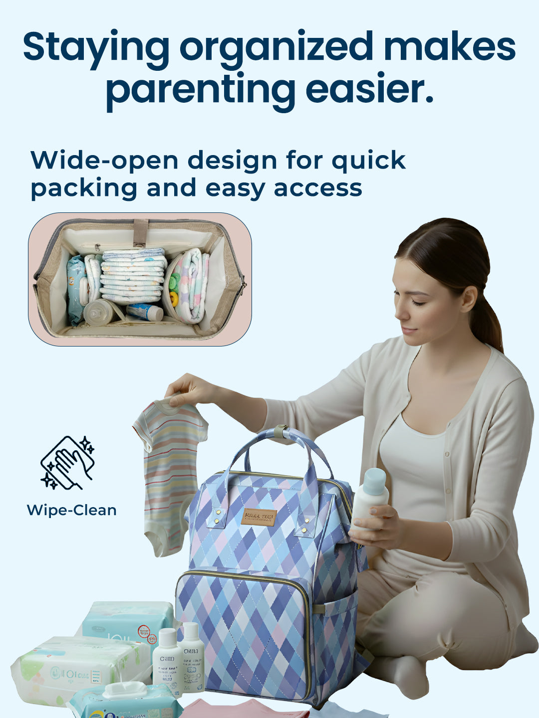 Woman organizing a diaper bag with text about organization in parenting.