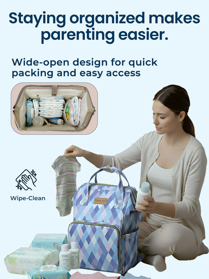 Woman organizing a diaper bag with text about organization in parenting.