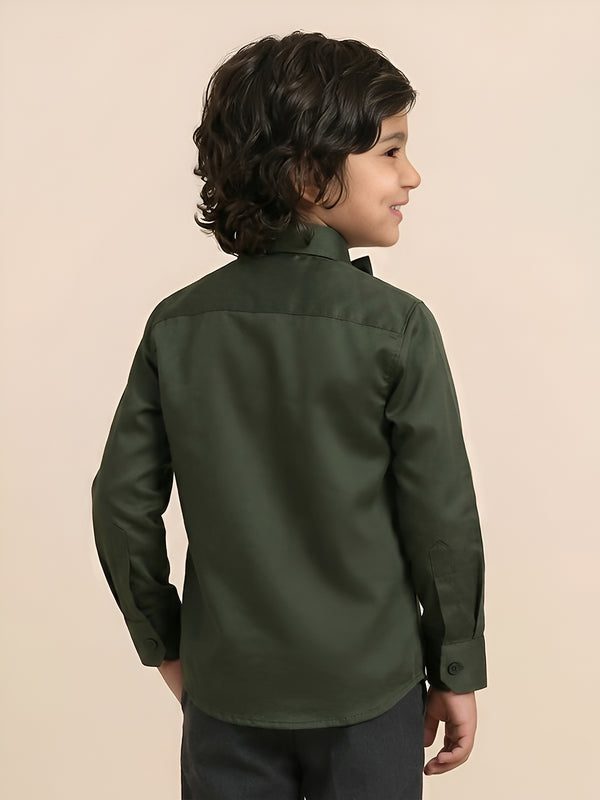 Polka Tots Full Sleeve Party Wear Reverse Collar Placket With Bow Tie Shirt - Green