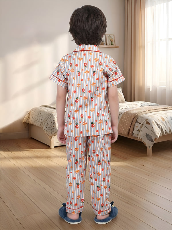 Polka Tots Half sleeves Stripes Fruit print Night Suit - Multicolor