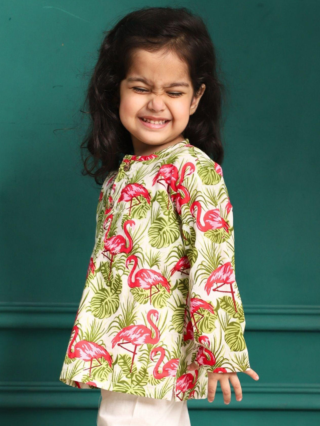 Polka Tots Swan print Front open Full sleeves Nightwear Kurta pyjama set - Pink