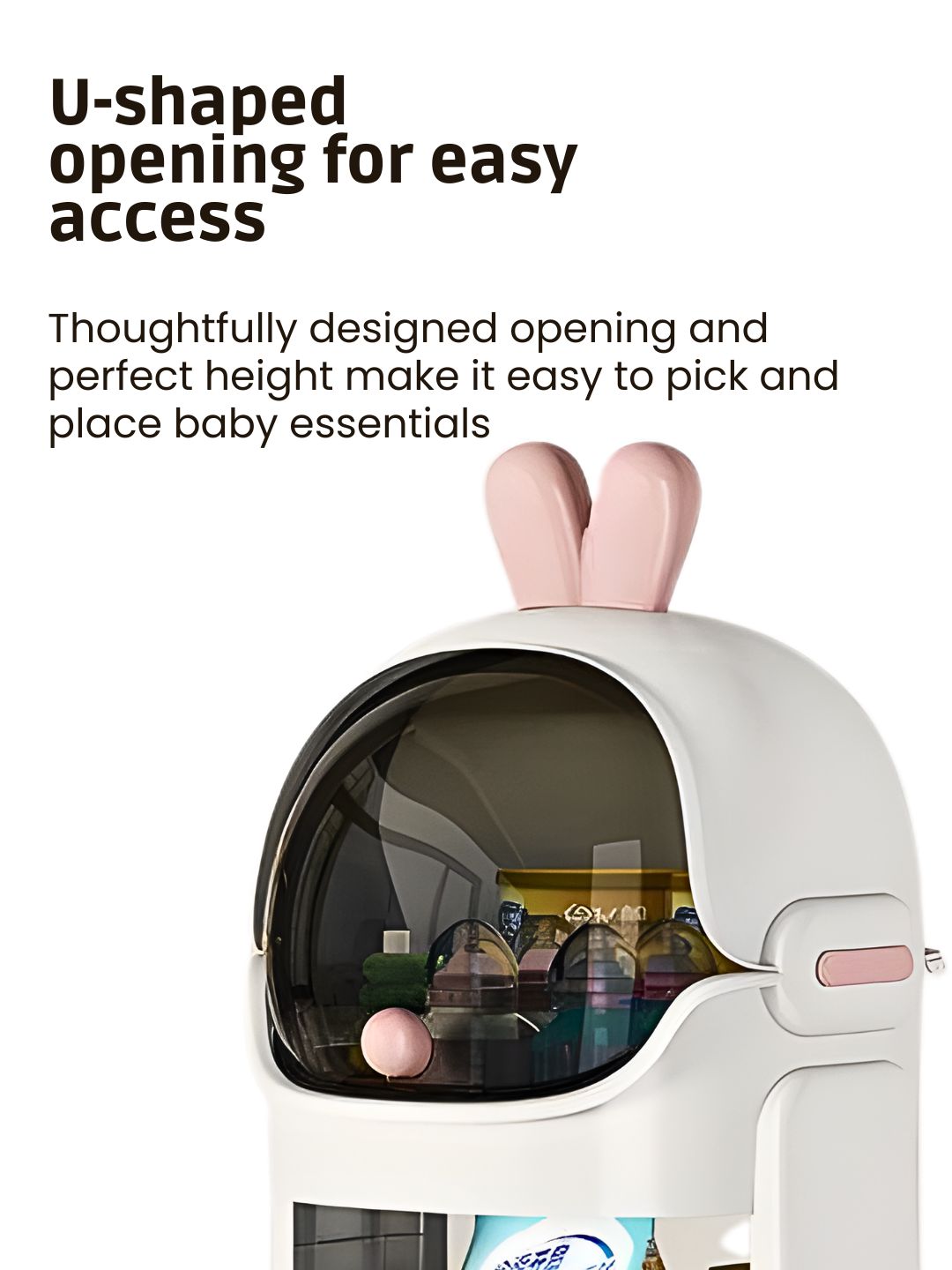 White baby organizer with rabbit ears and U-shaped opening for easy access, text on a white background.