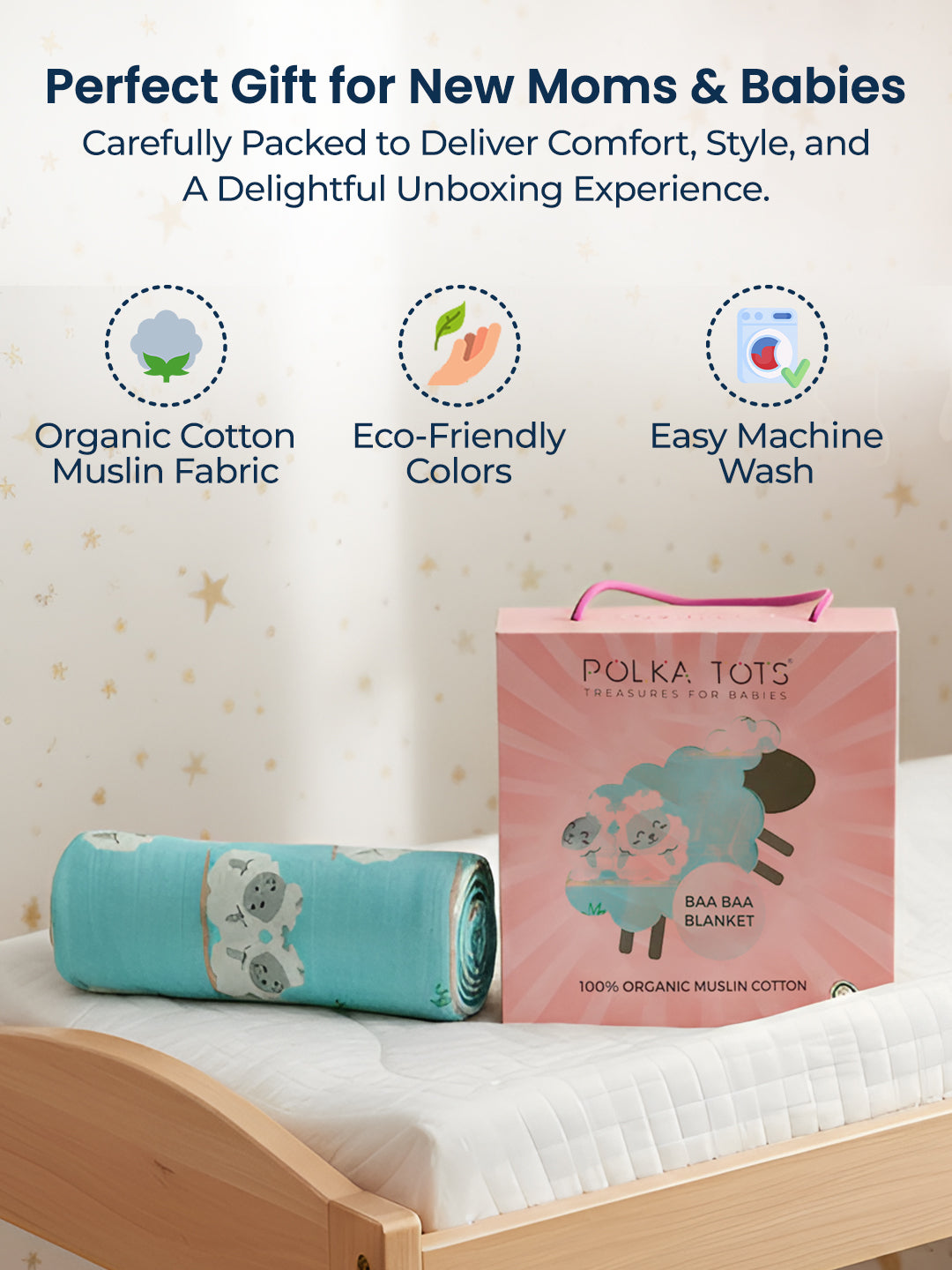 Polka Tots Organic Muslin Cotton two Layer Blanket SuperSoft Size 110 x 110 CM (Sheep)