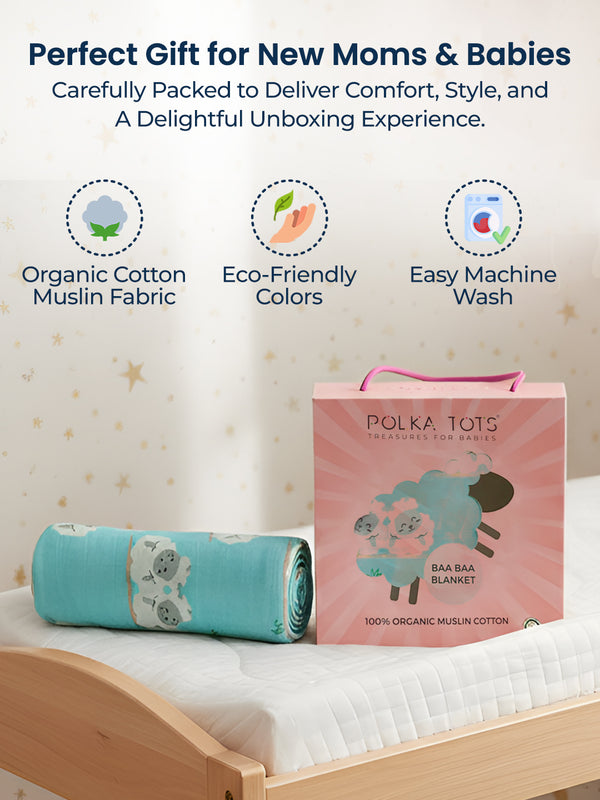 Polka Tots Organic Muslin Cotton two Layer Blanket SuperSoft Size 110 x 110 CM (Sheep)
