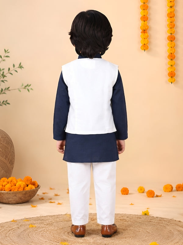 Polka Tots Full sleeves Lion Embroidery Koti Kurta Pyjama - Navy Blue