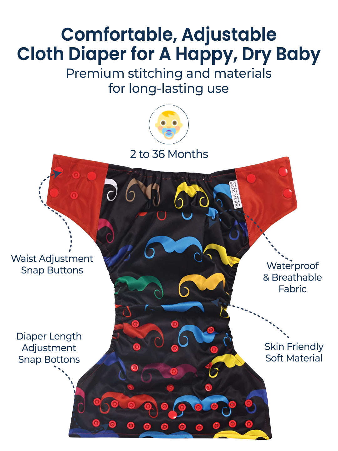 Colorful cloth diaper with mustache pattern on a white background, featuring text about its features.