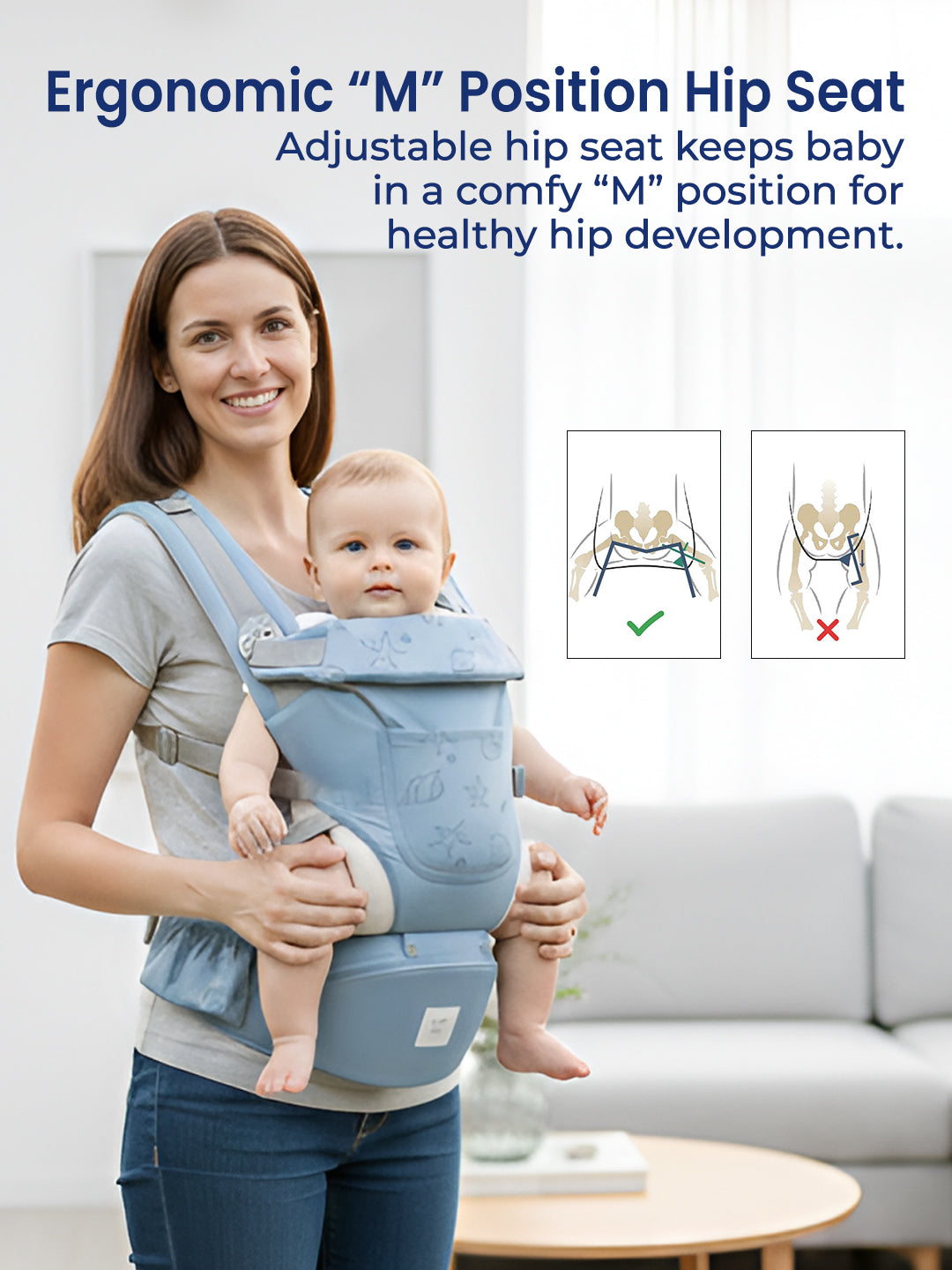 Woman holding a baby in an ergonomic baby carrier with text about its benefits.