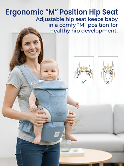 Woman holding a baby in an ergonomic baby carrier with text about its benefits.