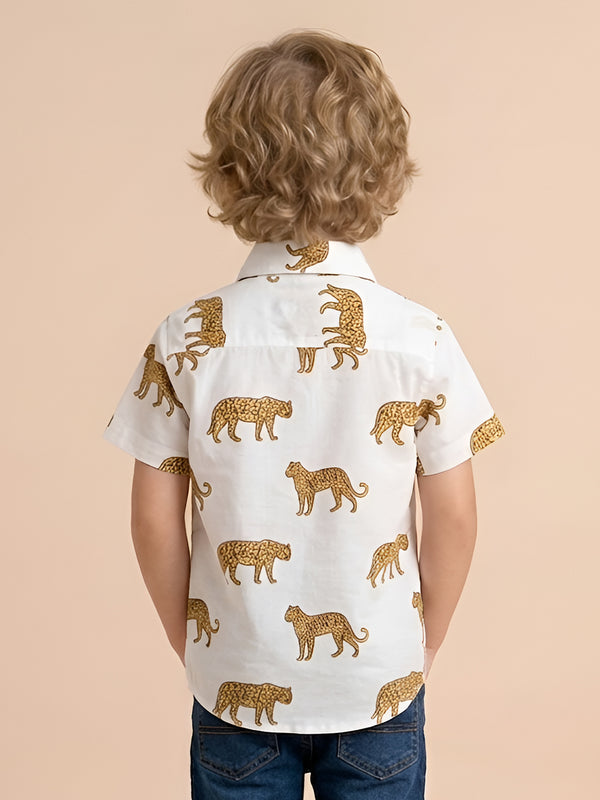 Polka Tots Half Sleeve Shirt Leopard Print - White