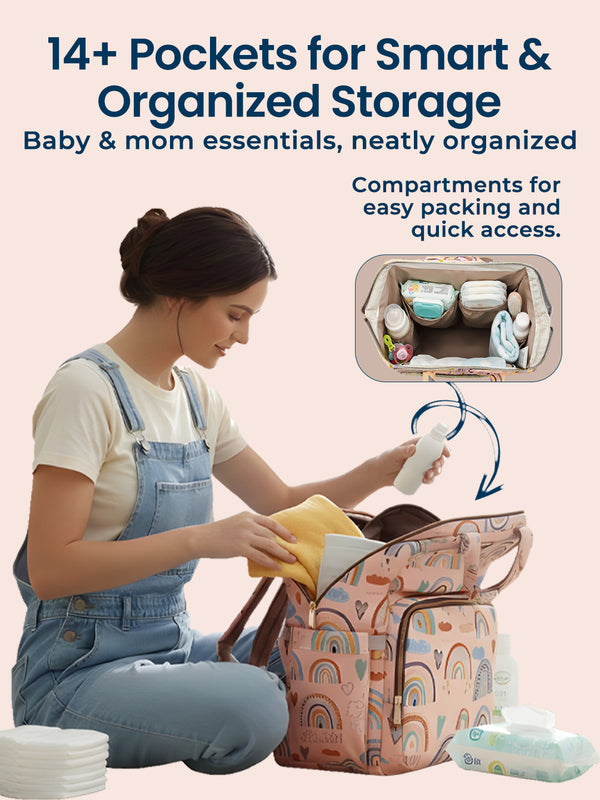 Multifunctional Premium Diaper Backpack Bag with Pouch | Rainbow Print