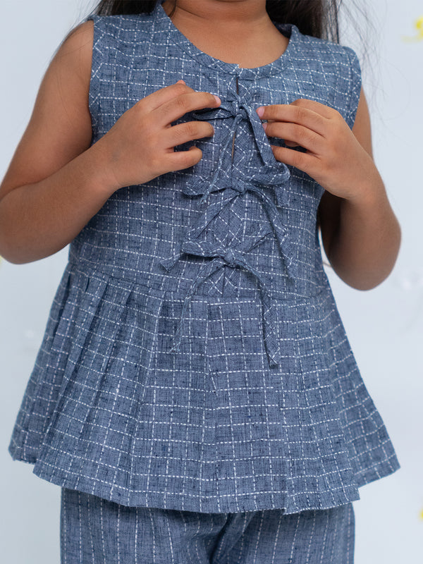 Polka Tots Sleeveless  Statement Bow Girls top & Bottom Set- Blue