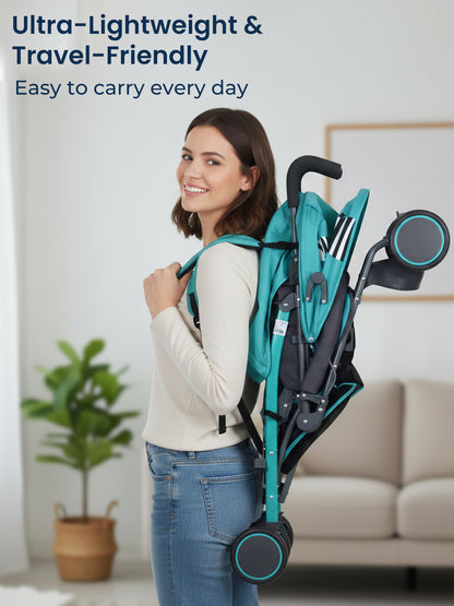 Woman carrying a teal and black stroller on her back with text about its lightweight and travel-friendly nature.