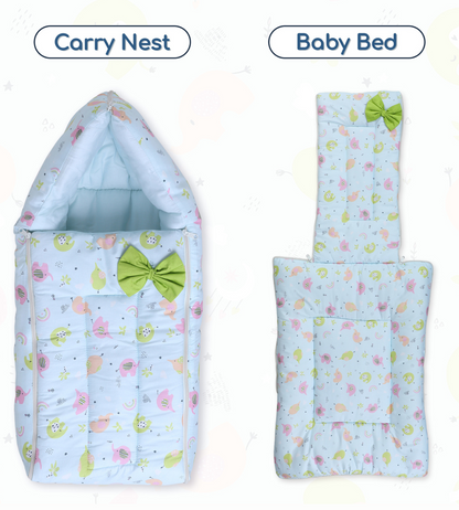 Polka Tots Baby Sleeping Nest Cotton Carry Pod Bedding for Newborn Sleeping Bag with a Bow -Elephant print Blue