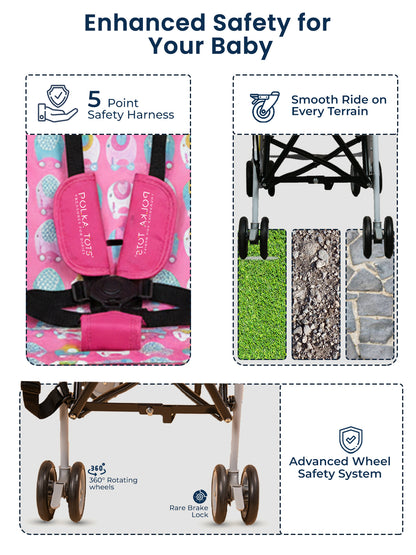 Baby stroller with safety harness and features highlighted on a white background