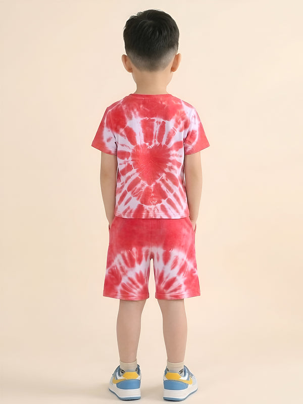 Polka Tots Half Sleeves Heart Tie-dye T-Shirt Shorts - Pink