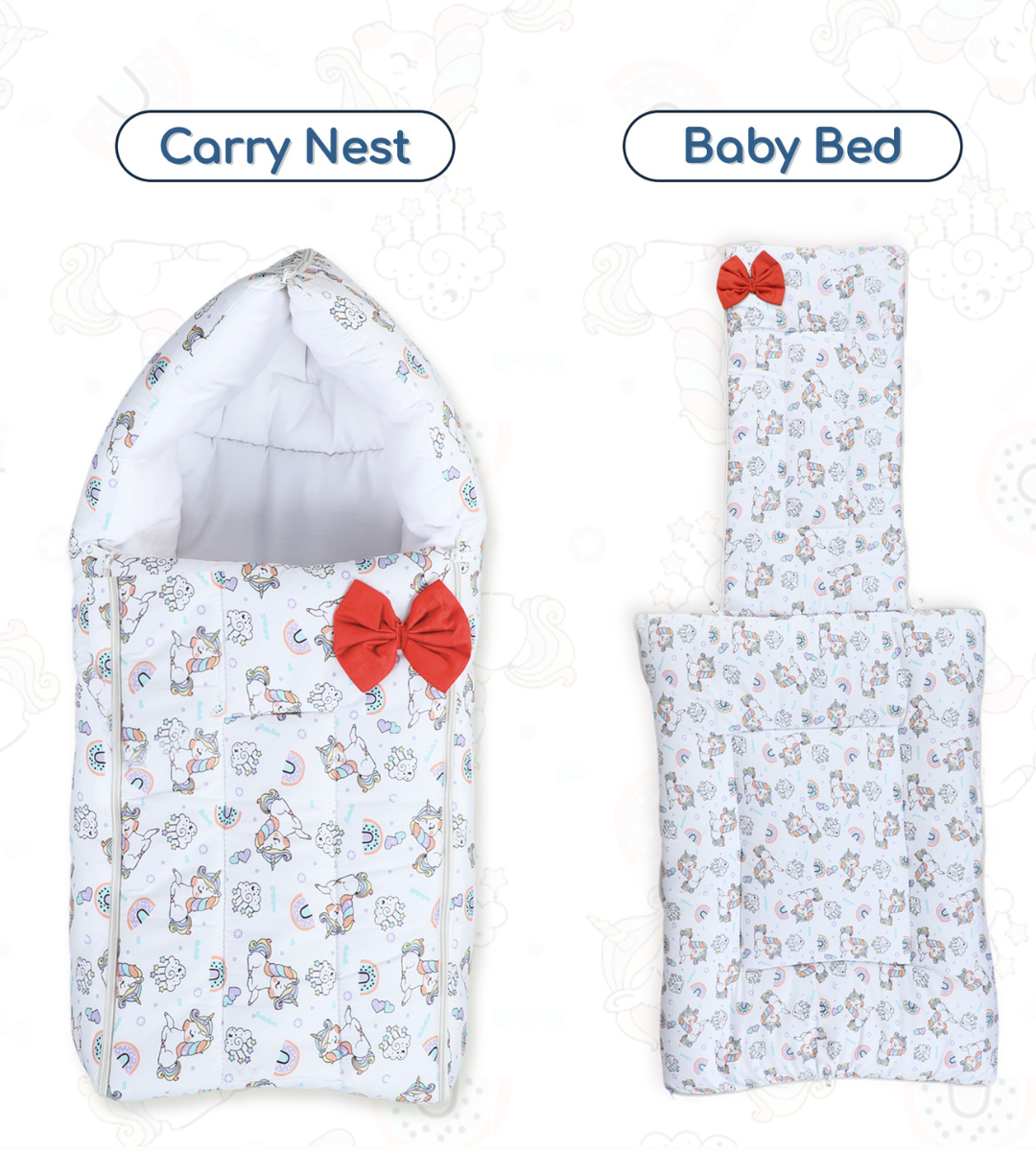 Polka Tots Baby Sleeping Nest Cotton Carry Pod Bedding for Newborn Sleeping Bag with a Bow -Unicorn print White
