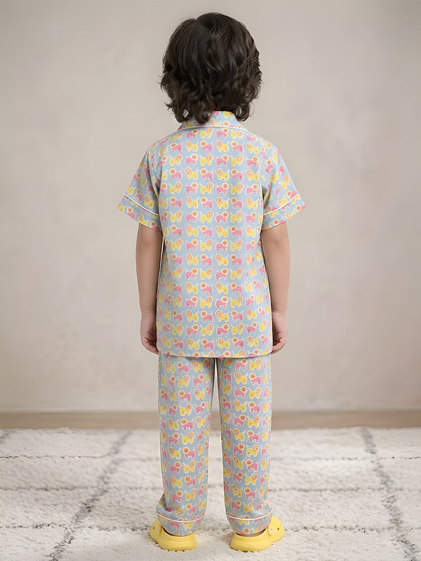 Polka Tots Half Sleeves Lion print Night Suit - Light Blue