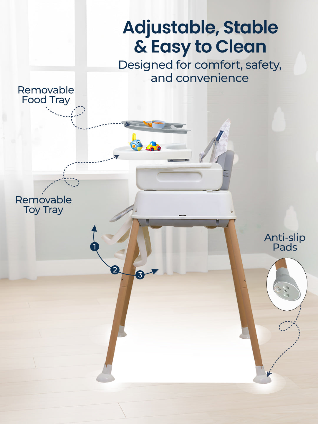 High chair with features highlighted on a white background