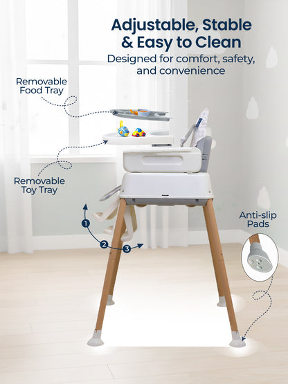 High chair with features highlighted on a white background