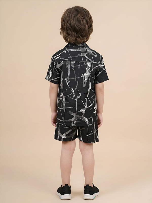 Polka Tots Half Sleeves Brush print Co-ords - Black