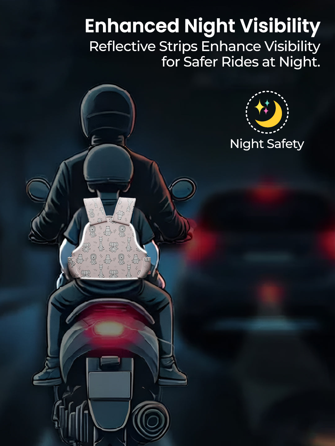 Person on a motorcycle wearing a reflective safety vest with text about enhanced night visibility.