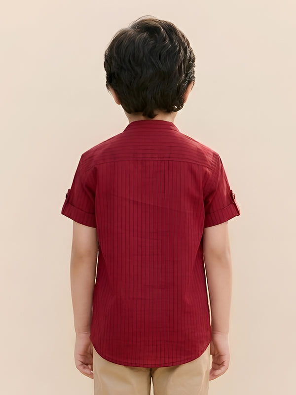 Polka Tots Half Sleeve Striped Kurta with Hindi Graphic - Maroon