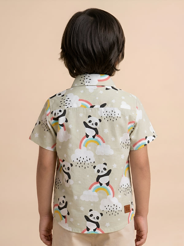 Polka Tots Half Sleeves Panda Rainbow Print Shirt - Cream