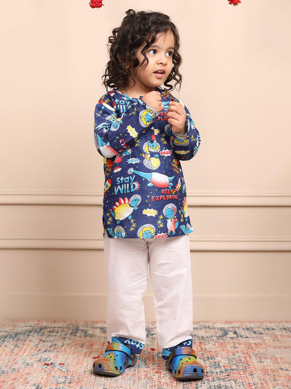 Polka Tots Space print Full sleeves Nightwear Kurta pyjama set - Blue