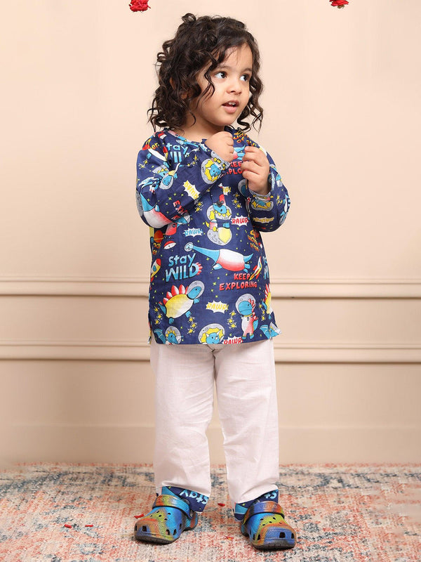 Polka Tots Space print Full sleeves Nightwear Kurta pyjama set - Blue