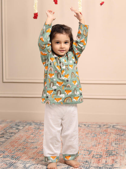 Polka Tots Wolf Print Full Sleeves Nightwear Kurta pyjama set - Green