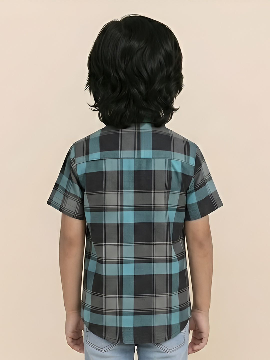 Polka Tots Half Sleeve Checks Shirt Surfing Print - Black