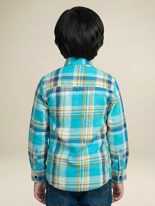 Polka Tots Full Sleeves Moms Little Love print Checks Shirt - Turquoise