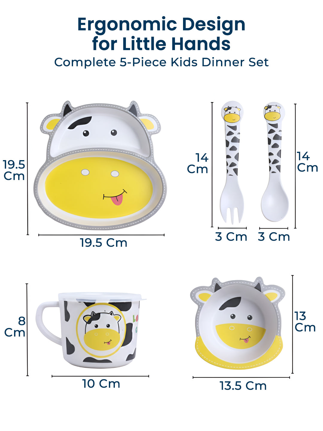 Eco-Friendly 5 Pieces Bamboo Fiber Kids Crockery Set (Cow)