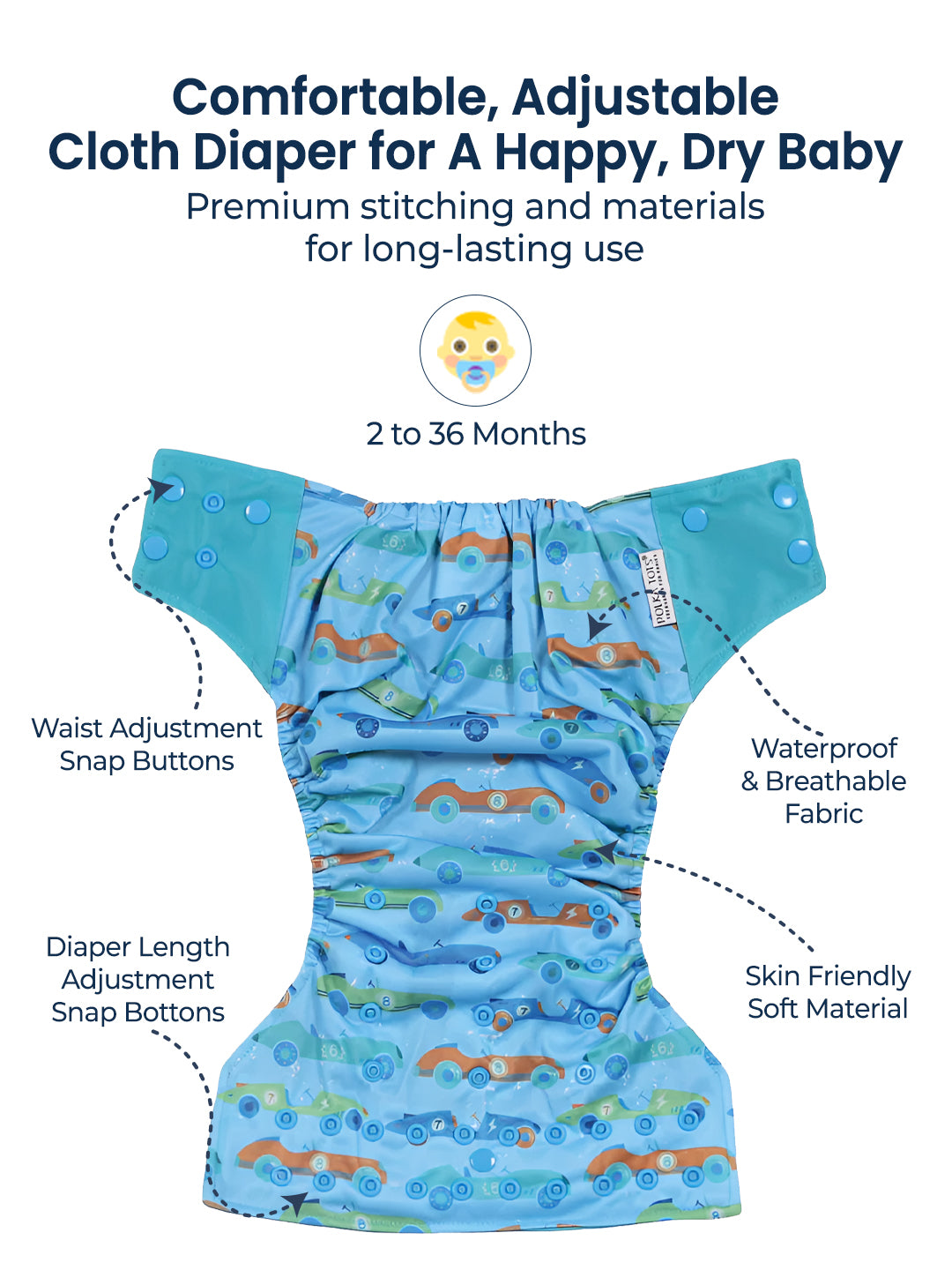 Blue cloth diaper with car pattern and text highlighting features on a white background