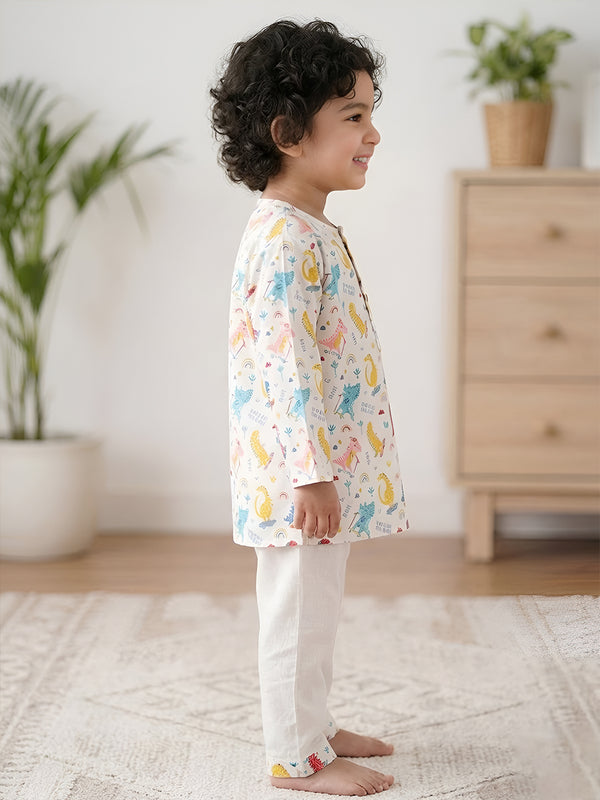 Polka Tots Dinosaur print Full Sleeves Nightwear Kurta pyjama set - White