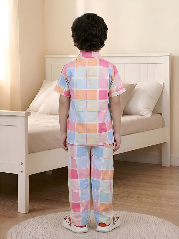 Polka Tots Half sleeves Box print Night Suit - Multicolor