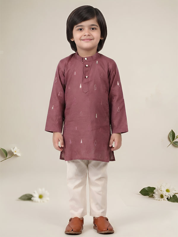 Polka Tots Full Sleeve Christmas tree Print Ethnic Kurta Pyjama Set - Pink