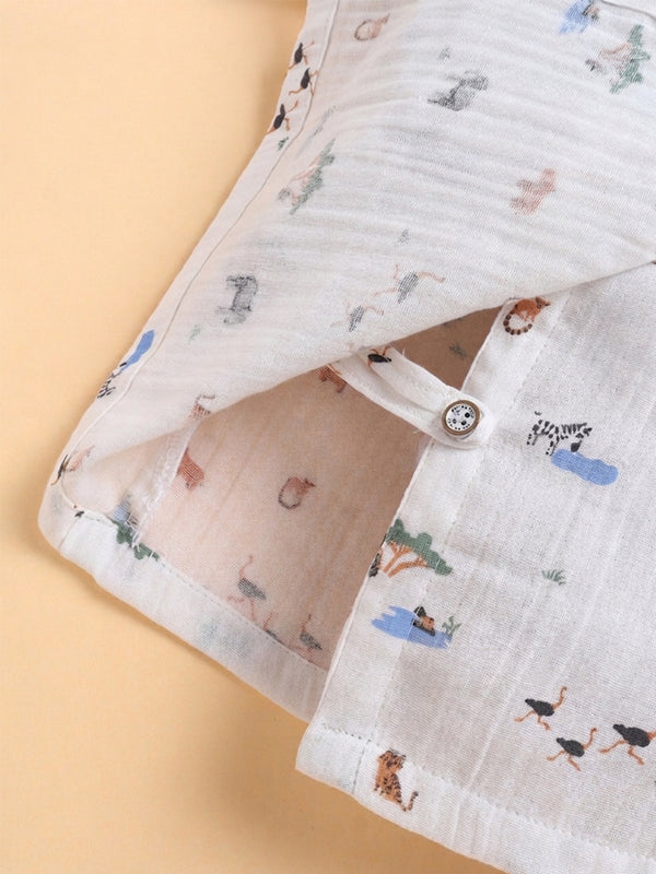 Polka Tots Wrinkled Muslin Cotton Jungle Safari Print Kediya Jhabla & Pant Set - White