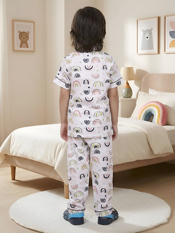 Polka Tots Half sleeves Rainbow print Night Suit - White