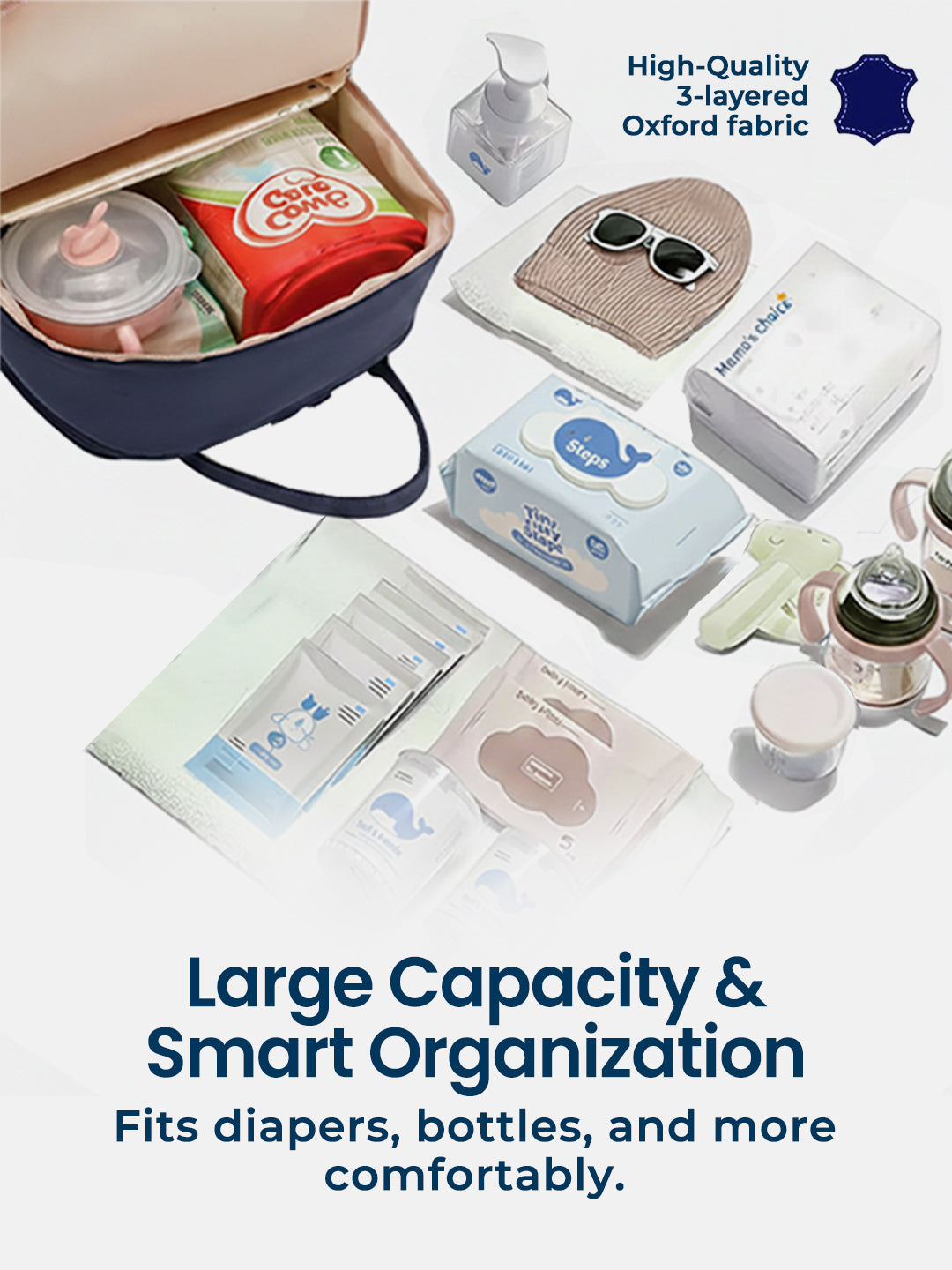 Open bag with baby care items including diapers, bottles, and wipes on a white background.