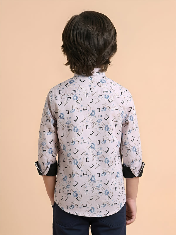 Polka Tots Cotton Full Sleeves Party Wear Shirt With Dual Bow Tie All Over Print - Light Pink